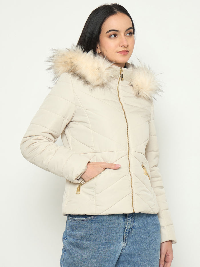 Madame Quilted Brown Jacket with Faux Fur Hood
