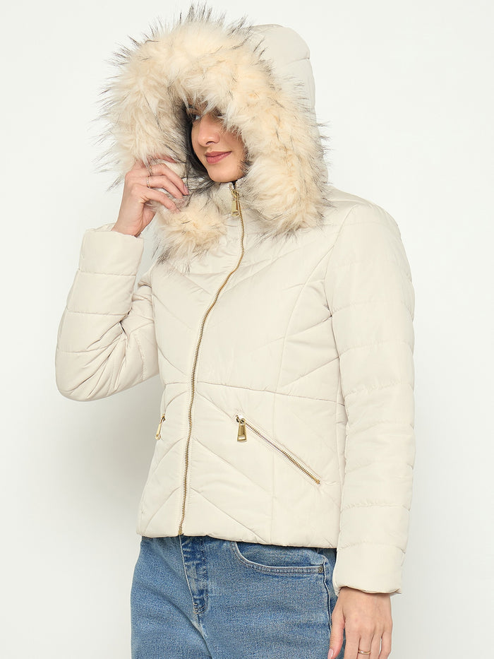Madame Quilted Brown Jacket with Faux Fur Hood