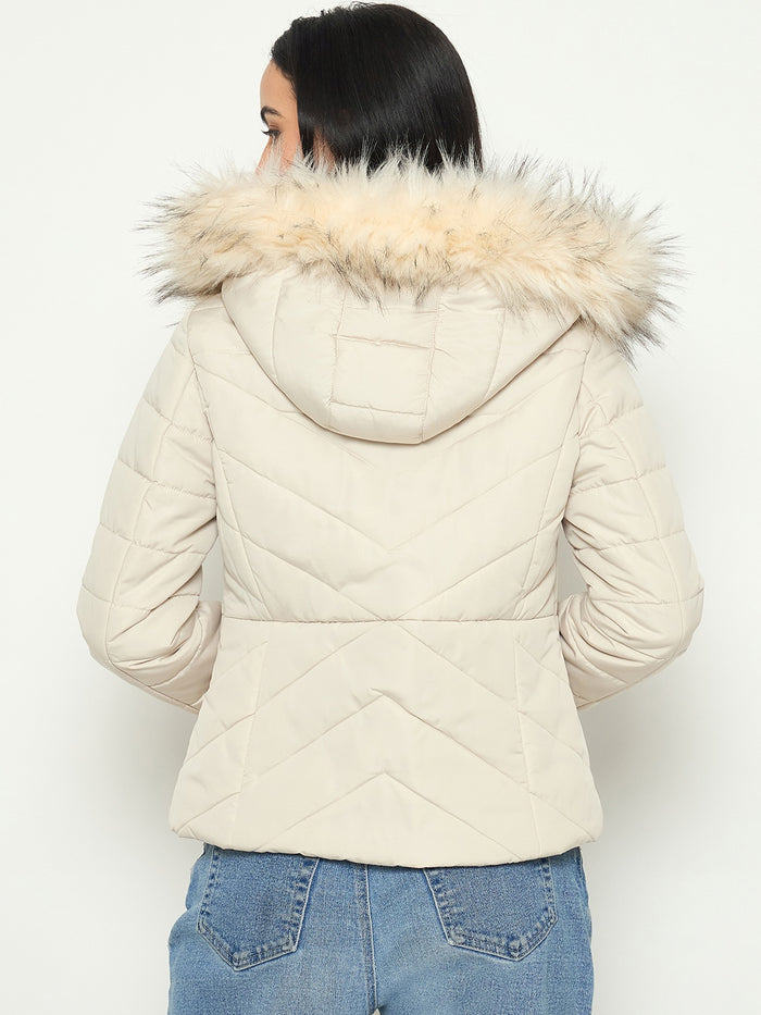 Madame Quilted Brown Jacket with Faux Fur Hood