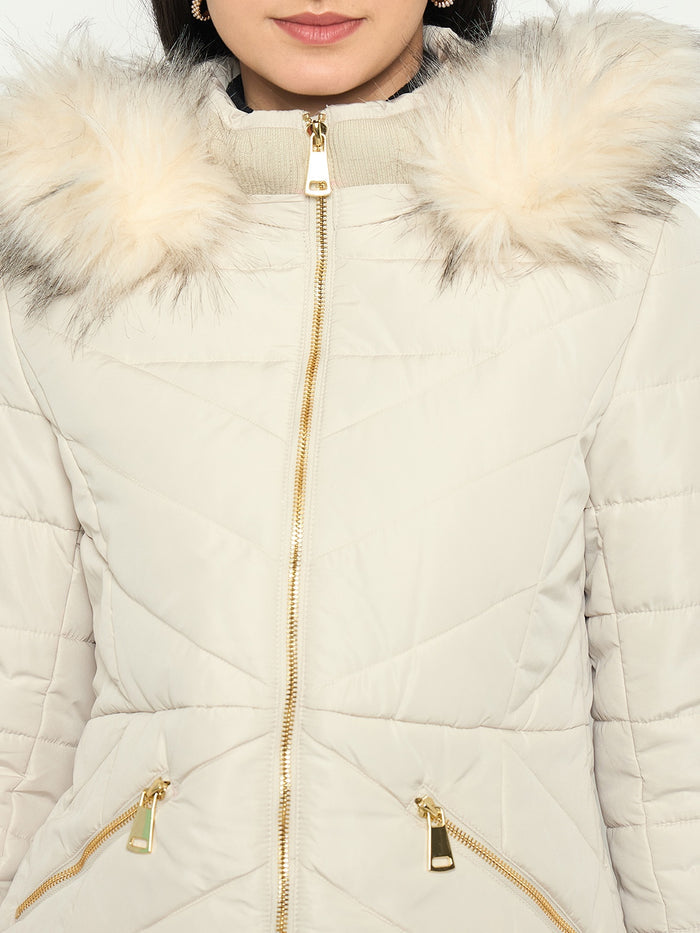 Madame Quilted Brown Jacket with Faux Fur Hood
