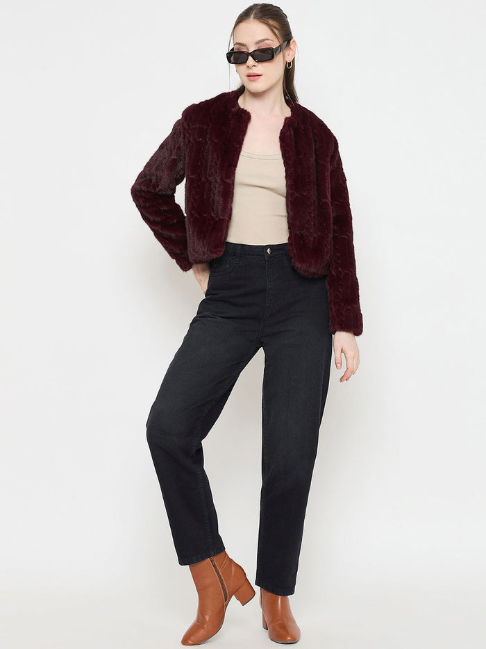 Madame Round Neck Embellished Faux Fur Blazer
