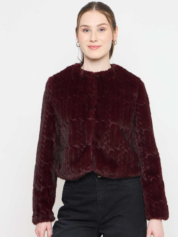 Madame Round Neck Embellished Faux Fur Blazer