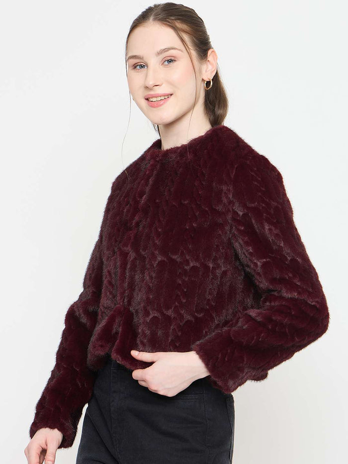 Madame Round Neck Embellished Faux Fur Blazer