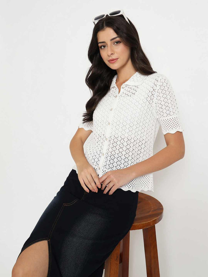 Madame Scalloped Hem White Knitted Polo Top