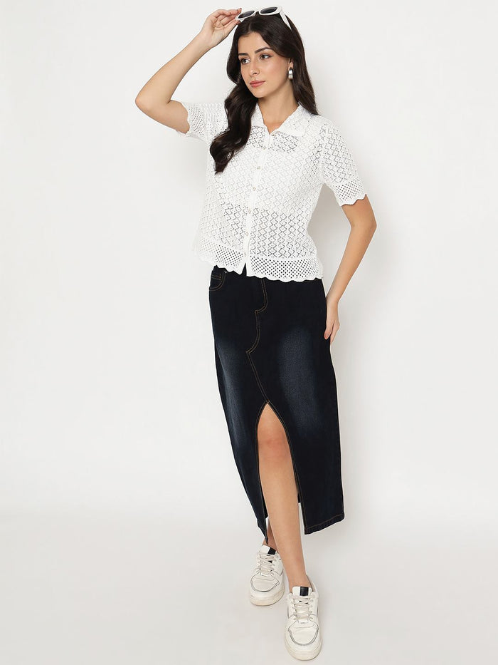 Madame Scalloped Hem White Knitted Polo Top