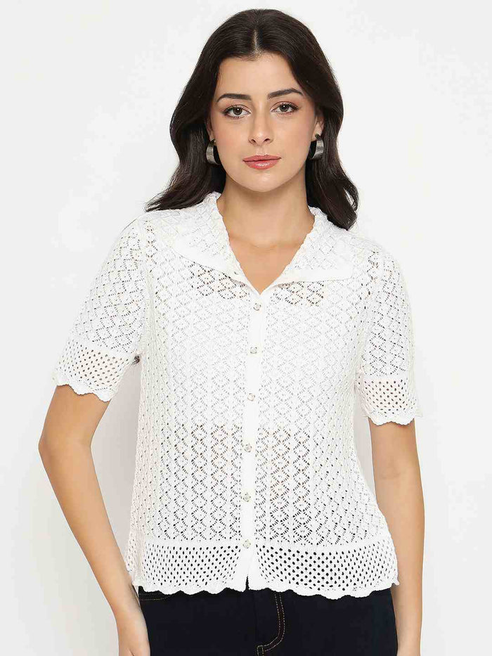 Madame Scalloped Hem White Knitted Polo Top