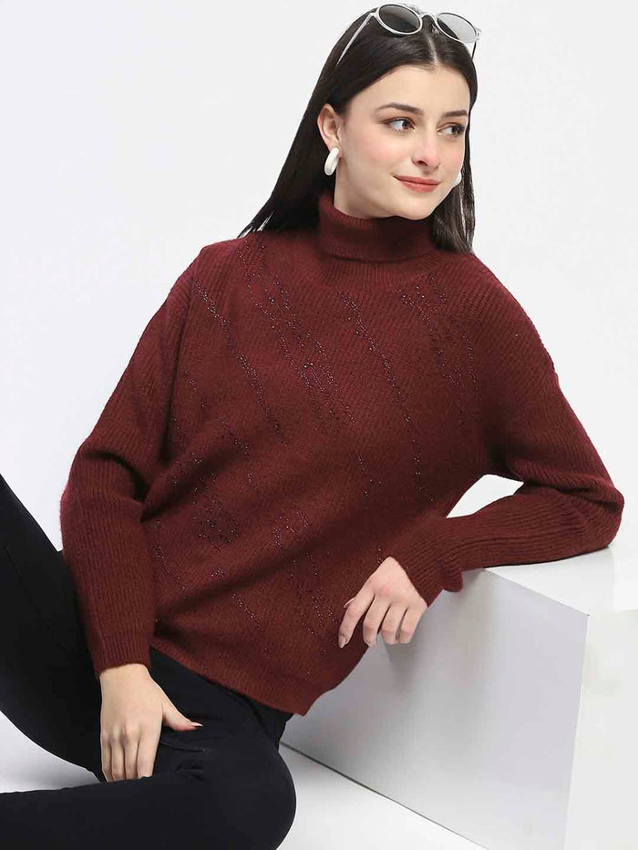 Madame Self Design Wine Red Turtleneck Sweater