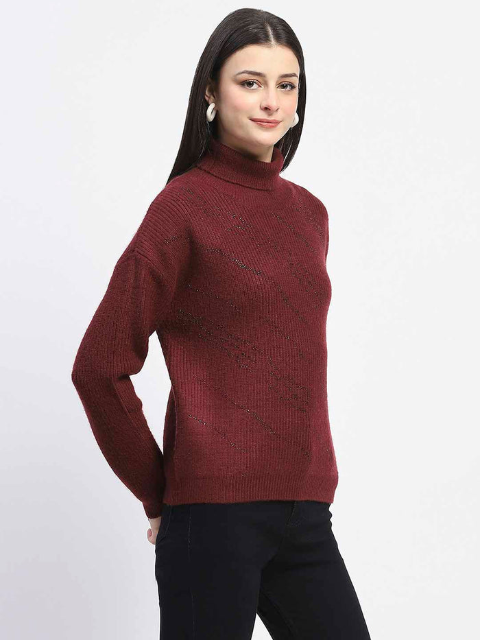 Madame Self Design Wine Red Turtleneck Sweater