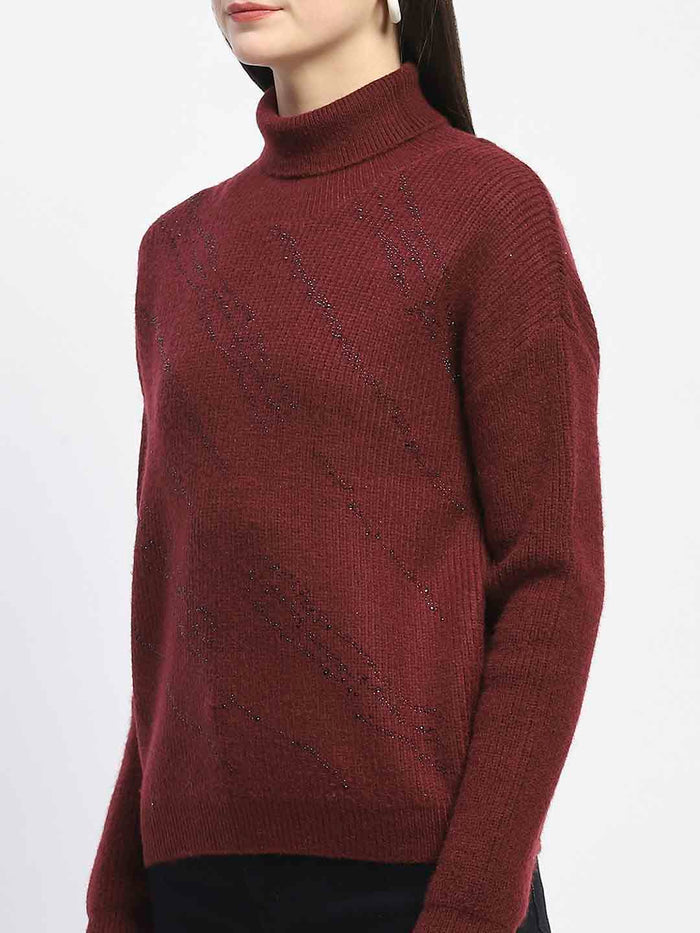 Madame Self Design Wine Red Turtleneck Sweater