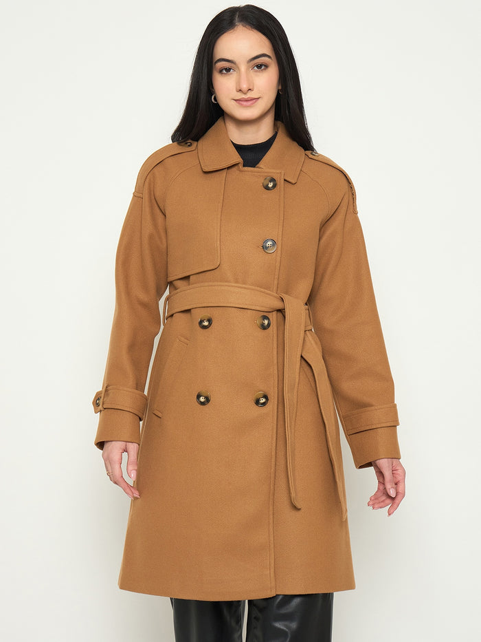 Madame Shirt Collar Khaki Long Coat with Buttons and Belt