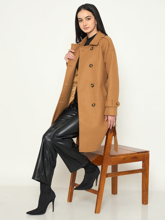 Madame Shirt Collar Khaki Long Coat with Buttons and Belt