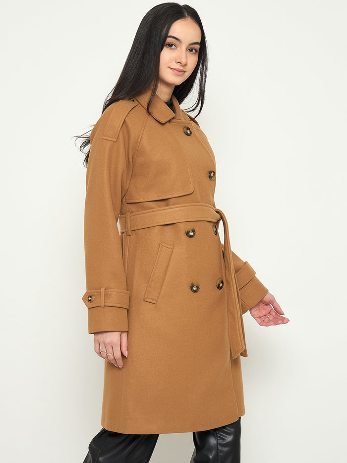 Madame Shirt Collar Khaki Long Coat with Buttons and Belt