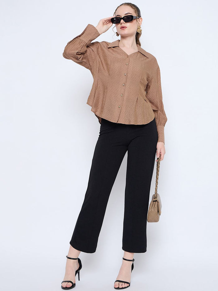 Madame Solid Tan Wing Neck Button Down Cuff Sleeve Shirt