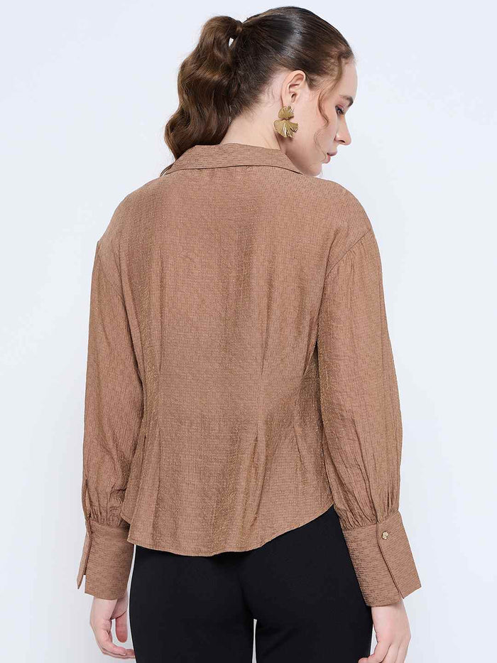 Madame Solid Tan Wing Neck Button Down Cuff Sleeve Shirt
