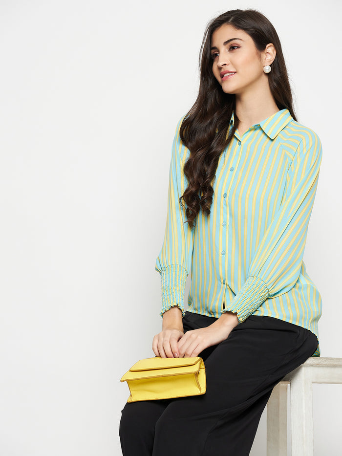 Madame Striped Smocked Cuffs Aqua Blue Shirt