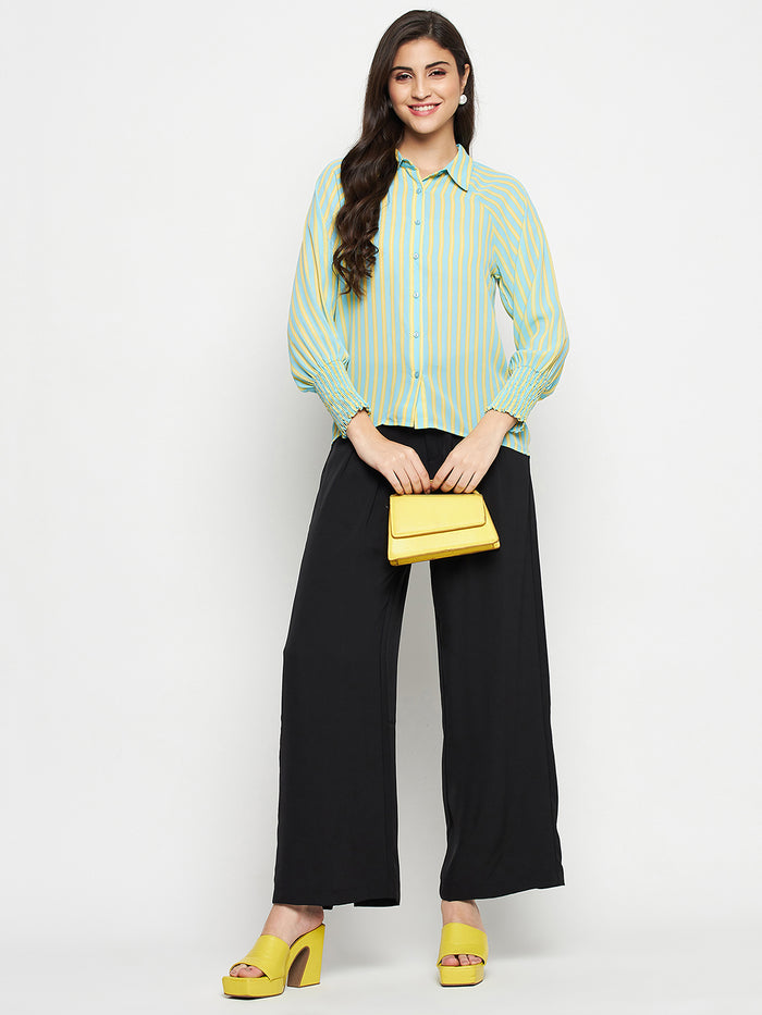 Madame Striped Smocked Cuffs Aqua Blue Shirt