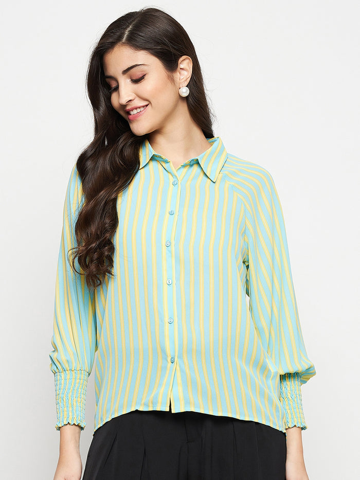 Madame Striped Smocked Cuffs Aqua Blue Shirt