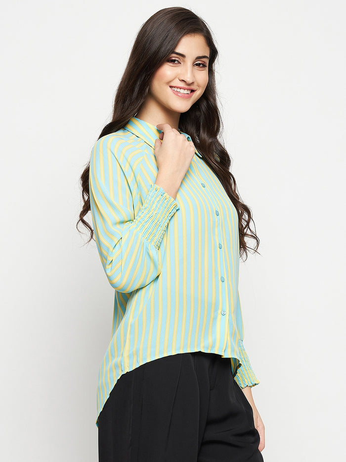 Madame Striped Smocked Cuffs Aqua Blue Shirt