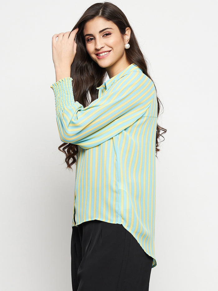 Madame Striped Smocked Cuffs Aqua Blue Shirt