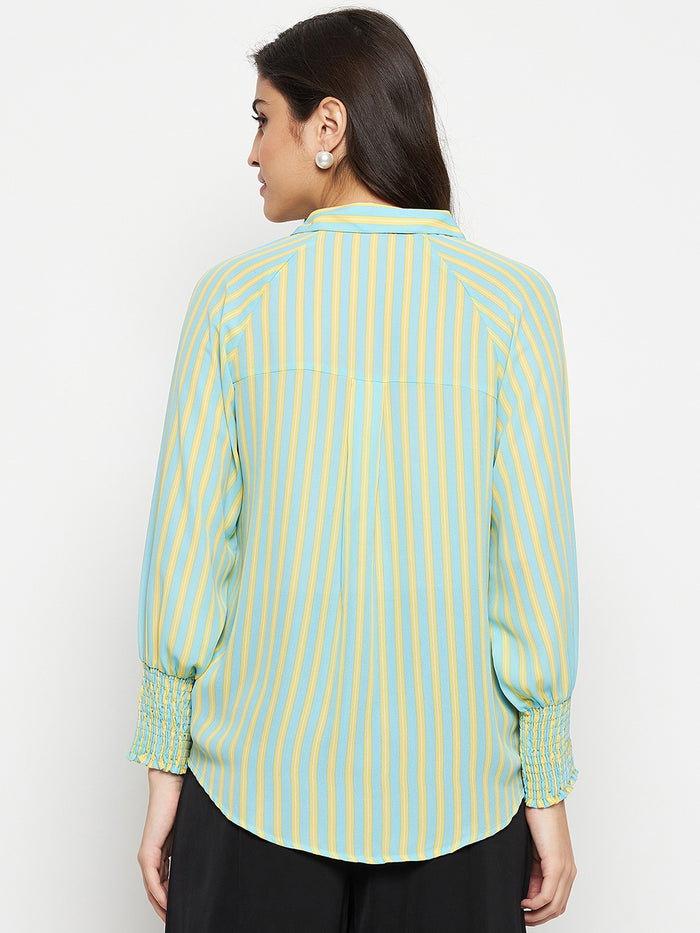 Madame Striped Smocked Cuffs Aqua Blue Shirt