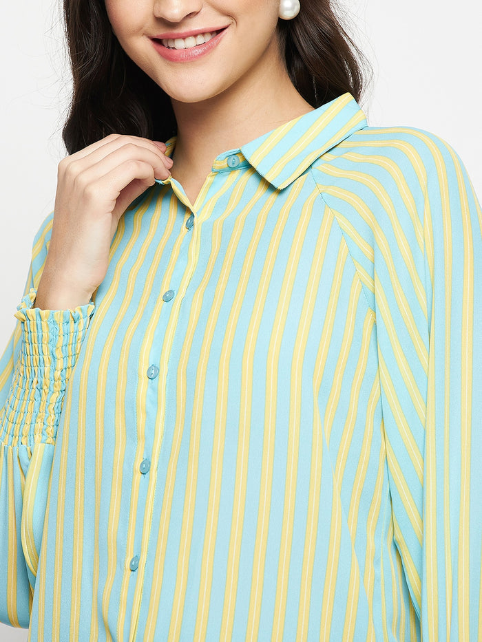 Madame Striped Smocked Cuffs Aqua Blue Shirt