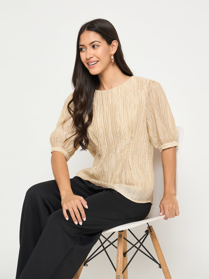 Madame Textured Embellished Tencel Blend Beige Top