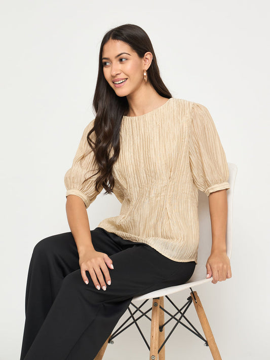 Madame Textured Embellished Tencel Blend Beige Top