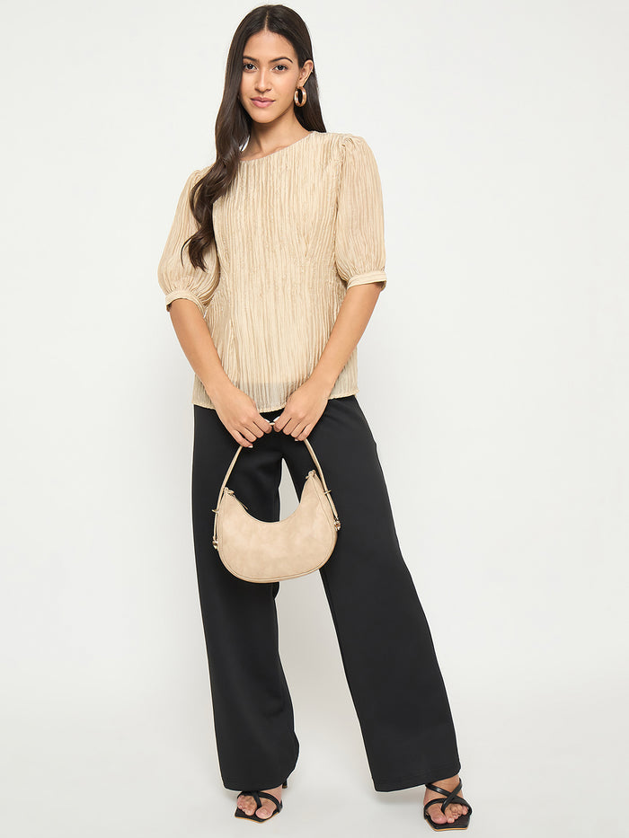 Madame Textured Embellished Tencel Blend Beige Top