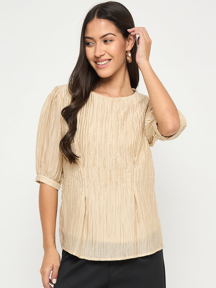 Madame Textured Embellished Tencel Blend Beige Top