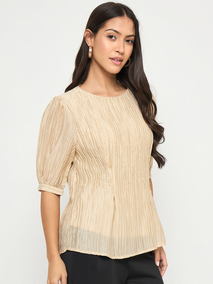 Madame Textured Embellished Tencel Blend Beige Top