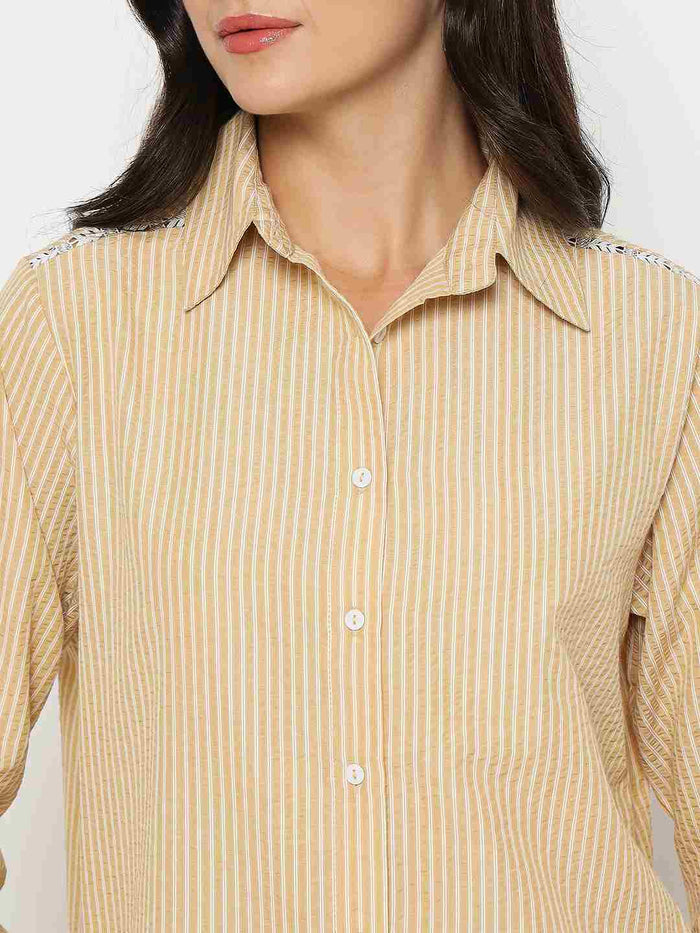 Madame Textured Embroidered Accents Beige Shirt