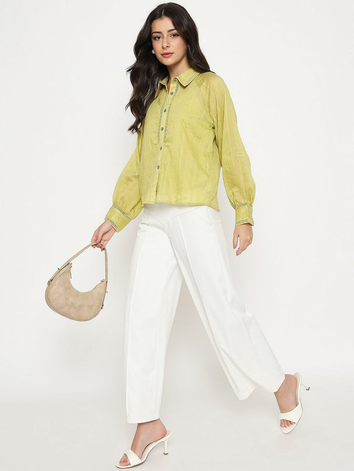 Madame Textured Nylon Blend Cyber Lime Full Sleeve Shirt