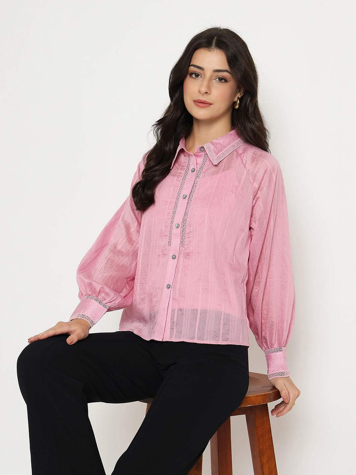 Madame Textured Nylon Blend Pink Full Sleeve Shirt