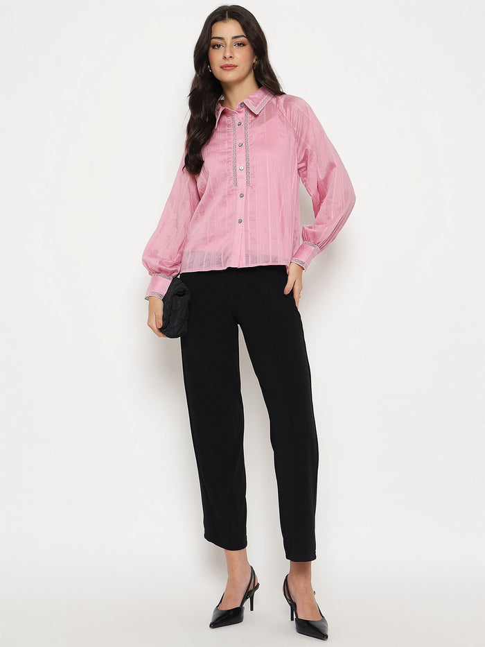 Madame Textured Nylon Blend Pink Full Sleeve Shirt