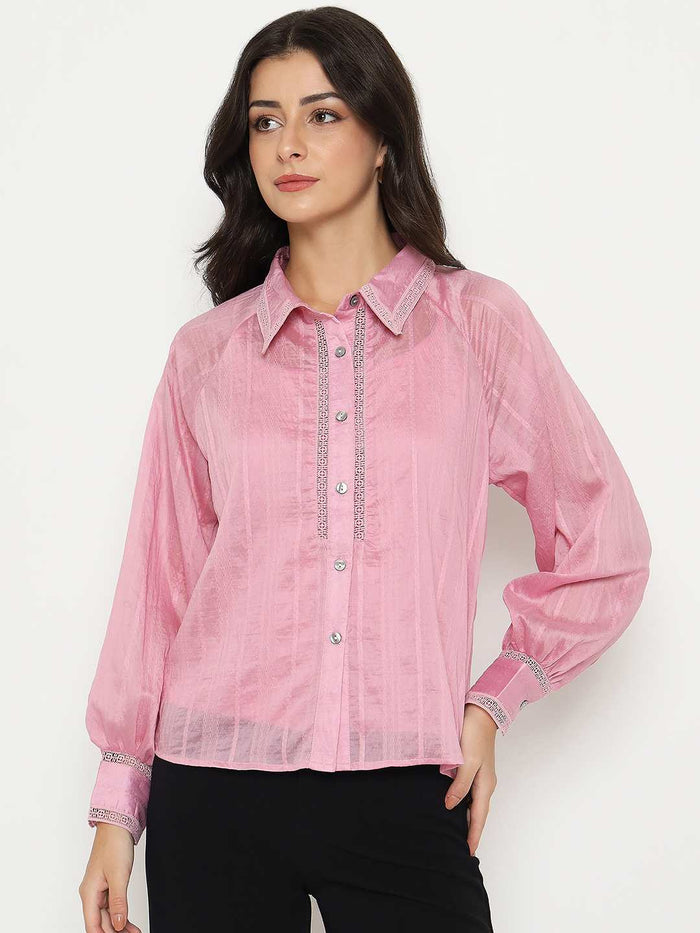 Madame Textured Nylon Blend Pink Full Sleeve Shirt