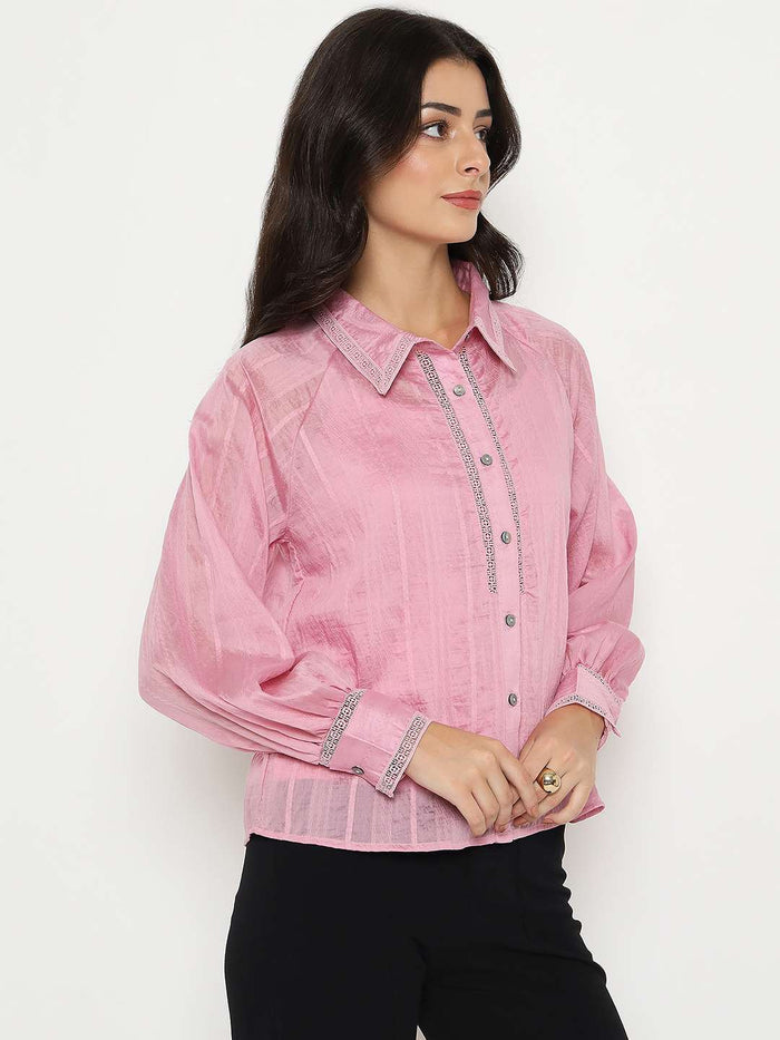 Madame Textured Nylon Blend Pink Full Sleeve Shirt