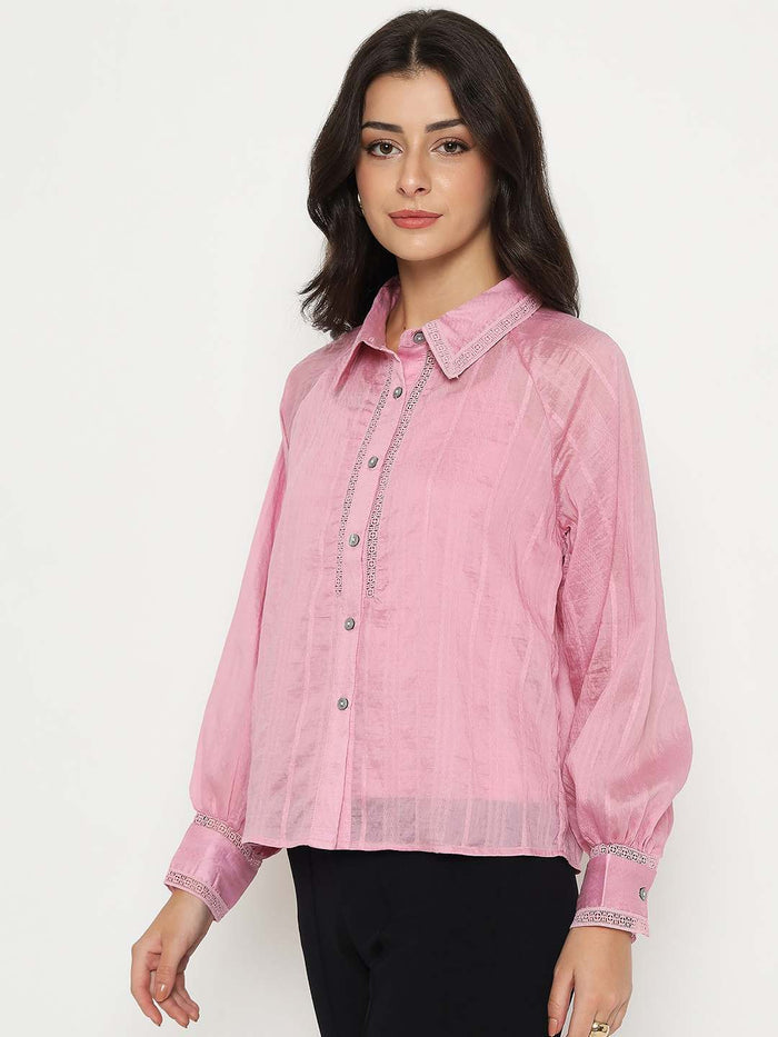 Madame Textured Nylon Blend Pink Full Sleeve Shirt