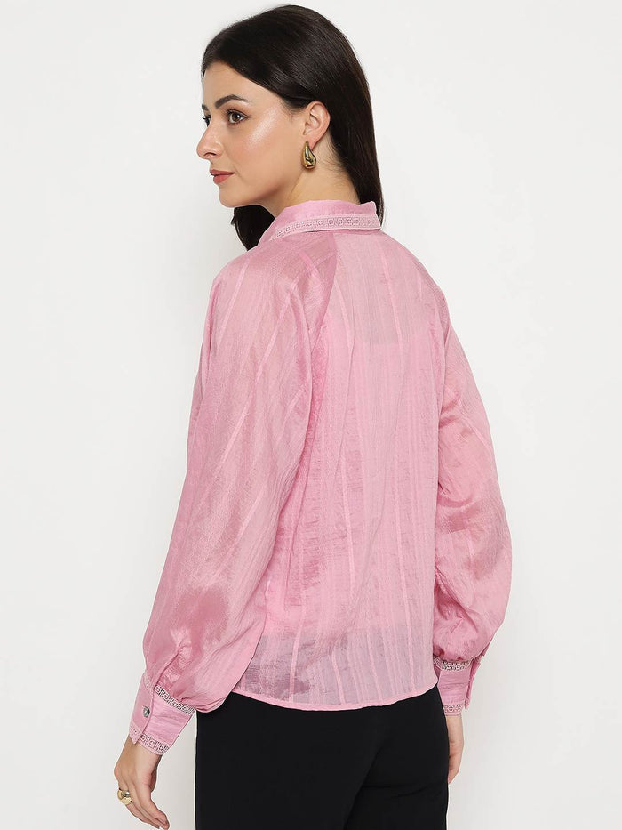 Madame Textured Nylon Blend Pink Full Sleeve Shirt