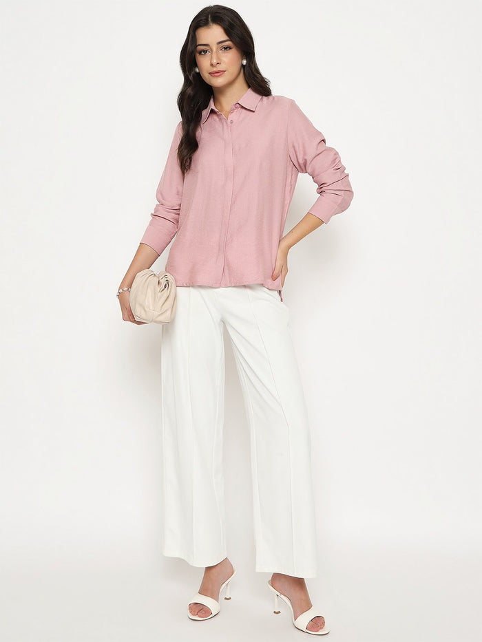 Madame Textured Solid Pink Rayon Blend Shirt