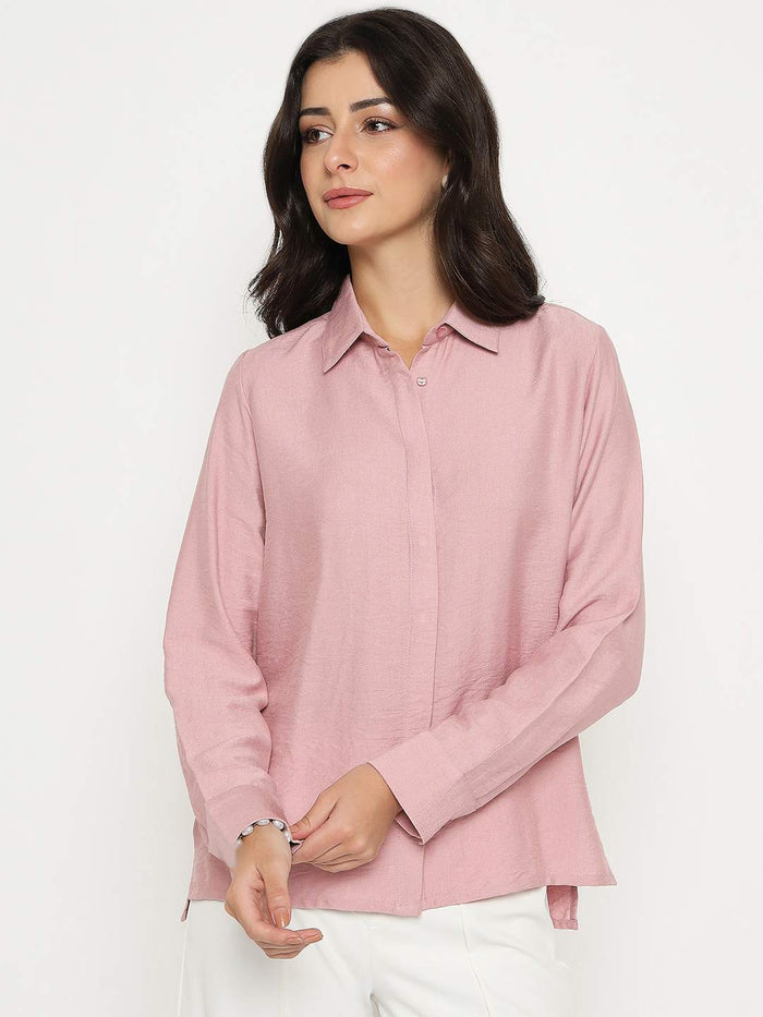 Madame Textured Solid Pink Rayon Blend Shirt
