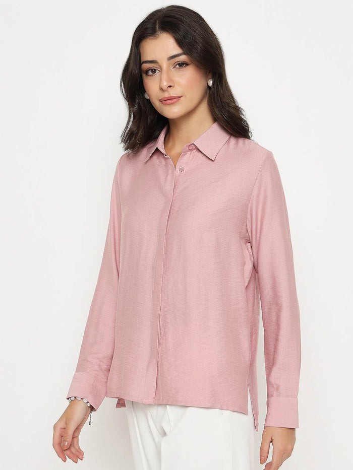 Madame Textured Solid Pink Rayon Blend Shirt