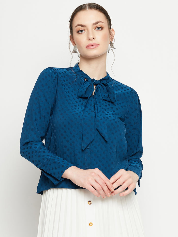 Madame Tie-Up Neck Full Sleeve Teal Shirt