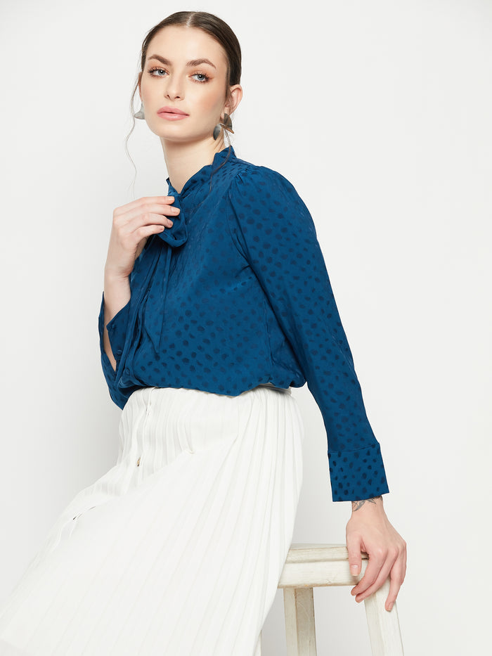Madame Tie-Up Neck Full Sleeve Teal Shirt