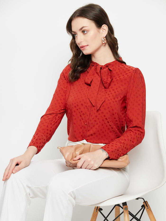 Madame Tie-Up Neck Solid Rust Orange Shirt