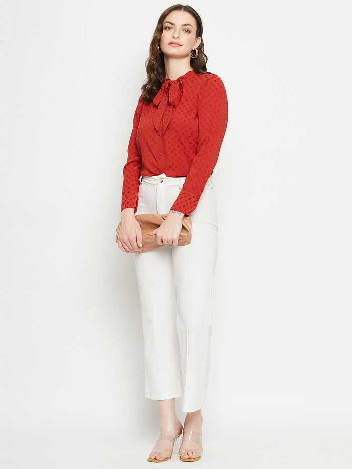 Madame Tie-Up Neck Solid Rust Orange Shirt