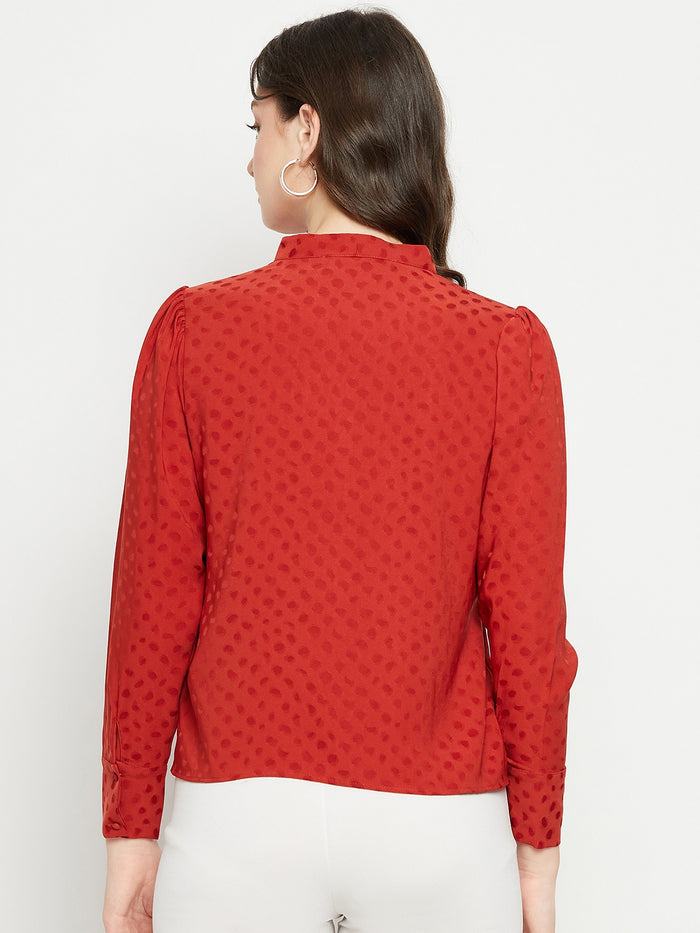 Madame Tie-Up Neck Solid Rust Orange Shirt