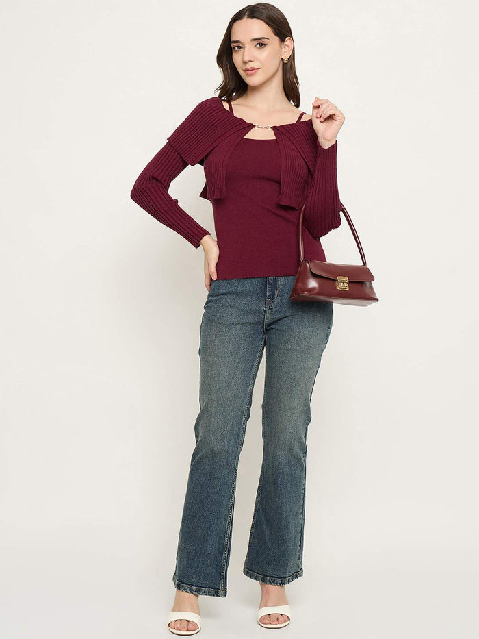 Madame Twisted Ruffle Detail Wine Red Sweater
