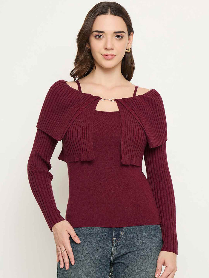 Madame Twisted Ruffle Detail Wine Red Sweater