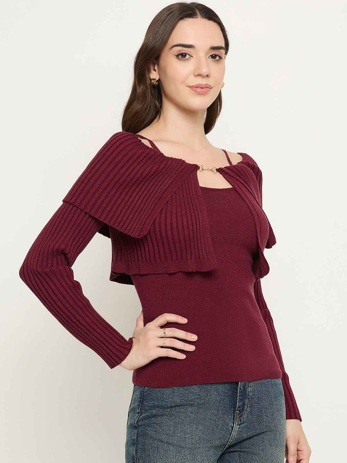 Madame Twisted Ruffle Detail Wine Red Sweater