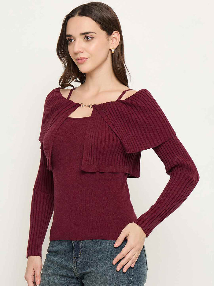 Madame Twisted Ruffle Detail Wine Red Sweater